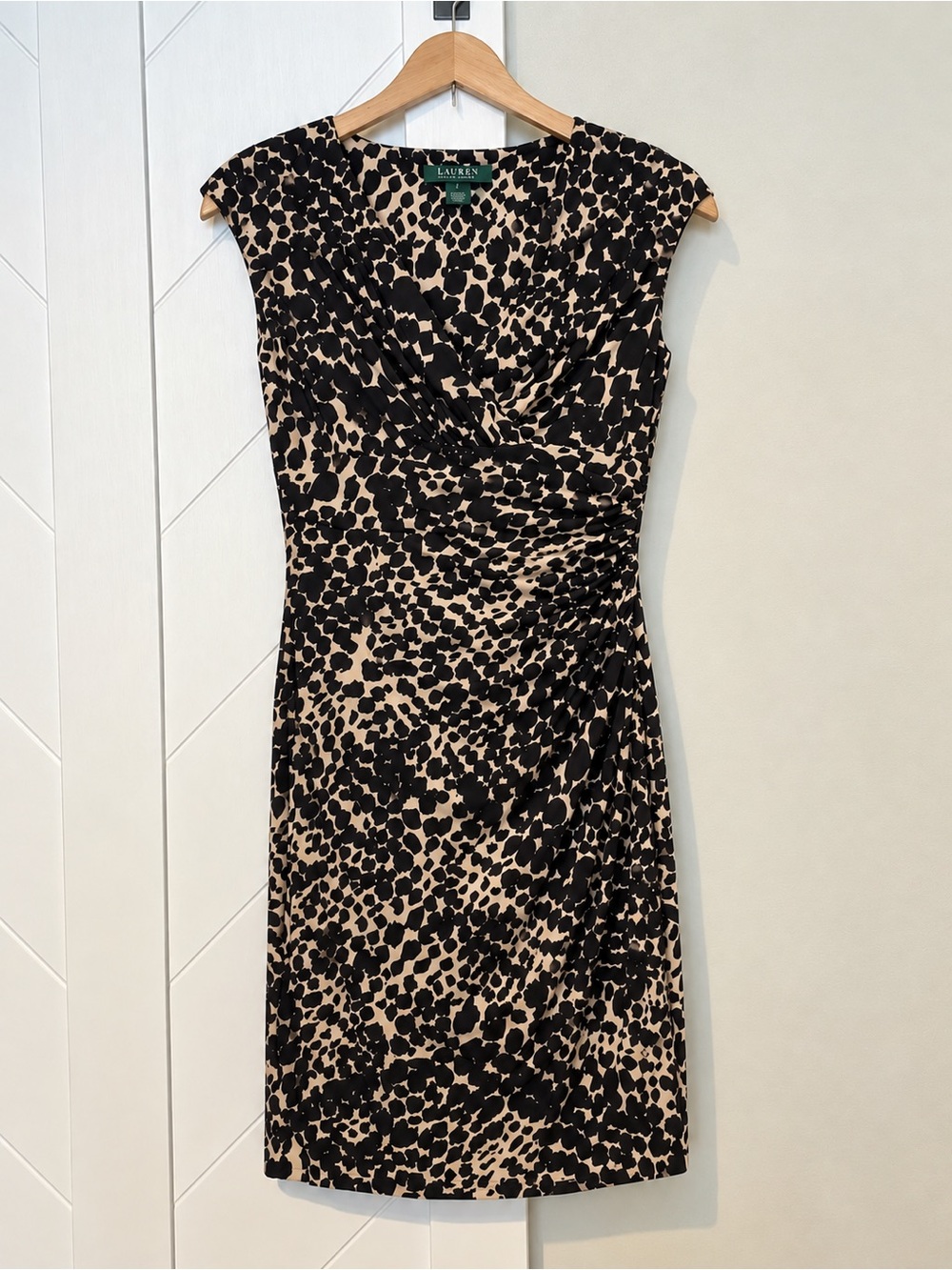 Lauren Ralph Lauren Black Tan Leopard Ruched Sheath Dress Size 4